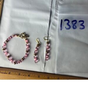 Pink Glass Bead Bracelet & Earrings Set Gold Tone Toggle Clasp